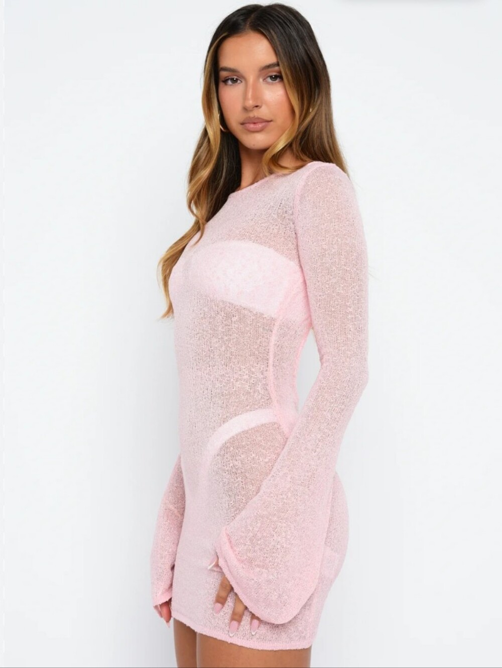 aralina Sheer Pink Knit Swim Coverup Dress